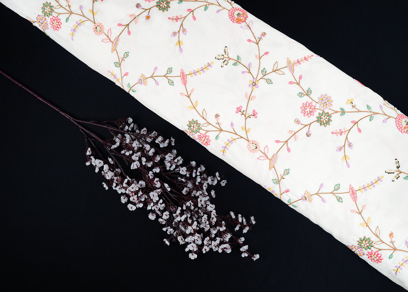 White Dyeable Cotton Fabric With All Over Floral Sequins, Katdana And Thread Work 22783