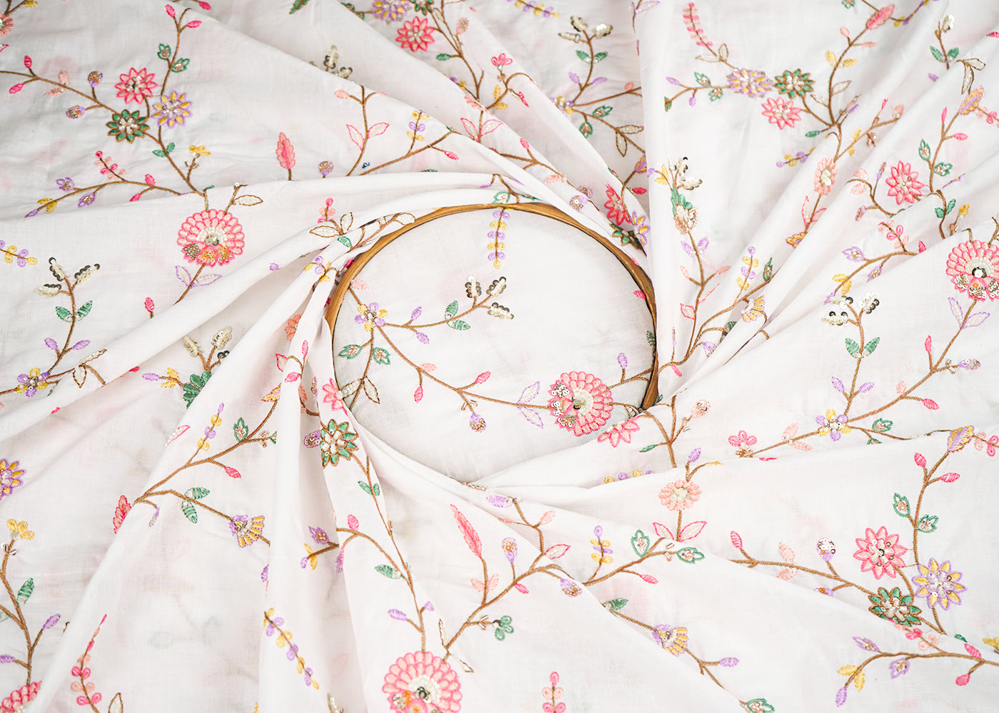 White Dyeable Cotton Fabric With All Over Floral Sequins, Katdana And Thread Work 22783