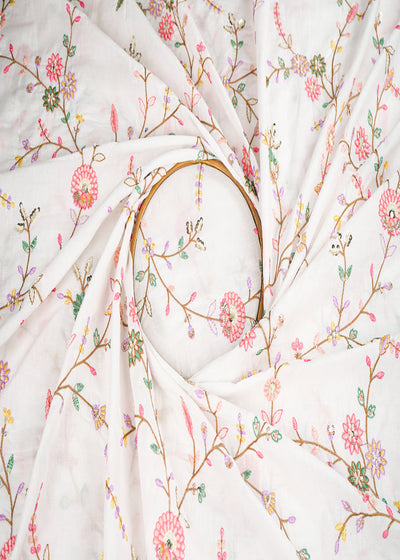 White Dyeable Cotton Fabric With All Over Floral Sequins, Katdana And Thread Work 22783