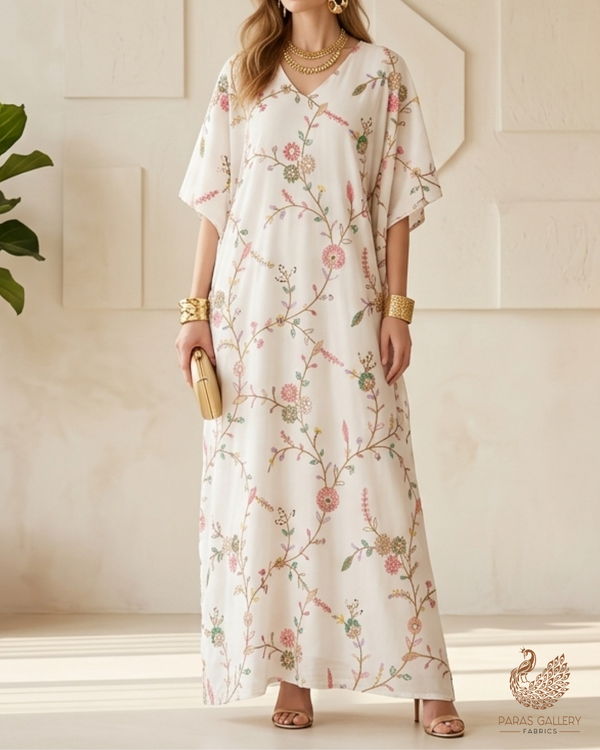 White Dyeable Cotton Fabric With All Over Floral Sequins, Katdana And Thread Work 22783
