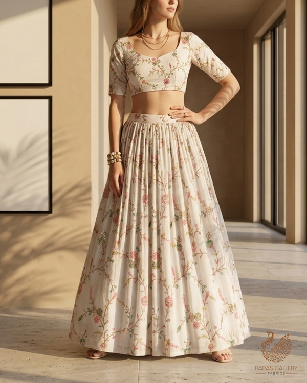 White Dyeable Cotton Fabric With All Over Floral Sequins, Katdana And Thread Work 22783