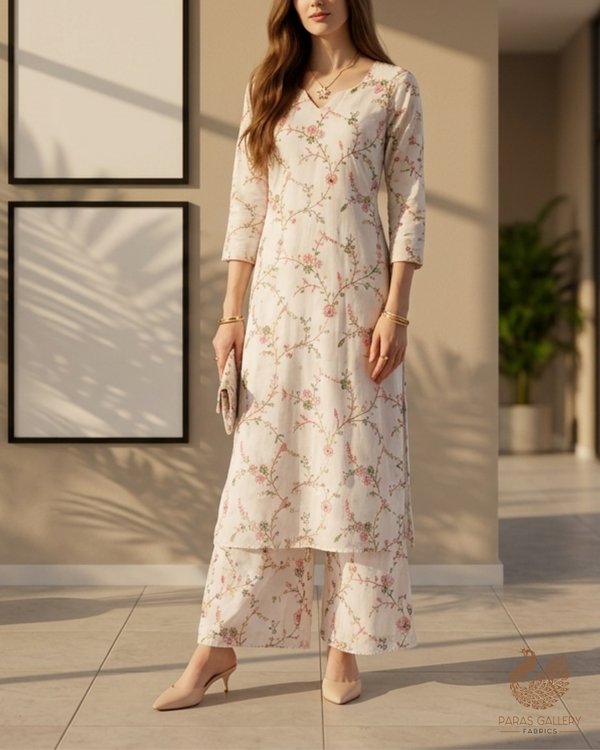 White Dyeable Cotton Fabric With All Over Floral Sequins, Katdana And Thread Work 22783