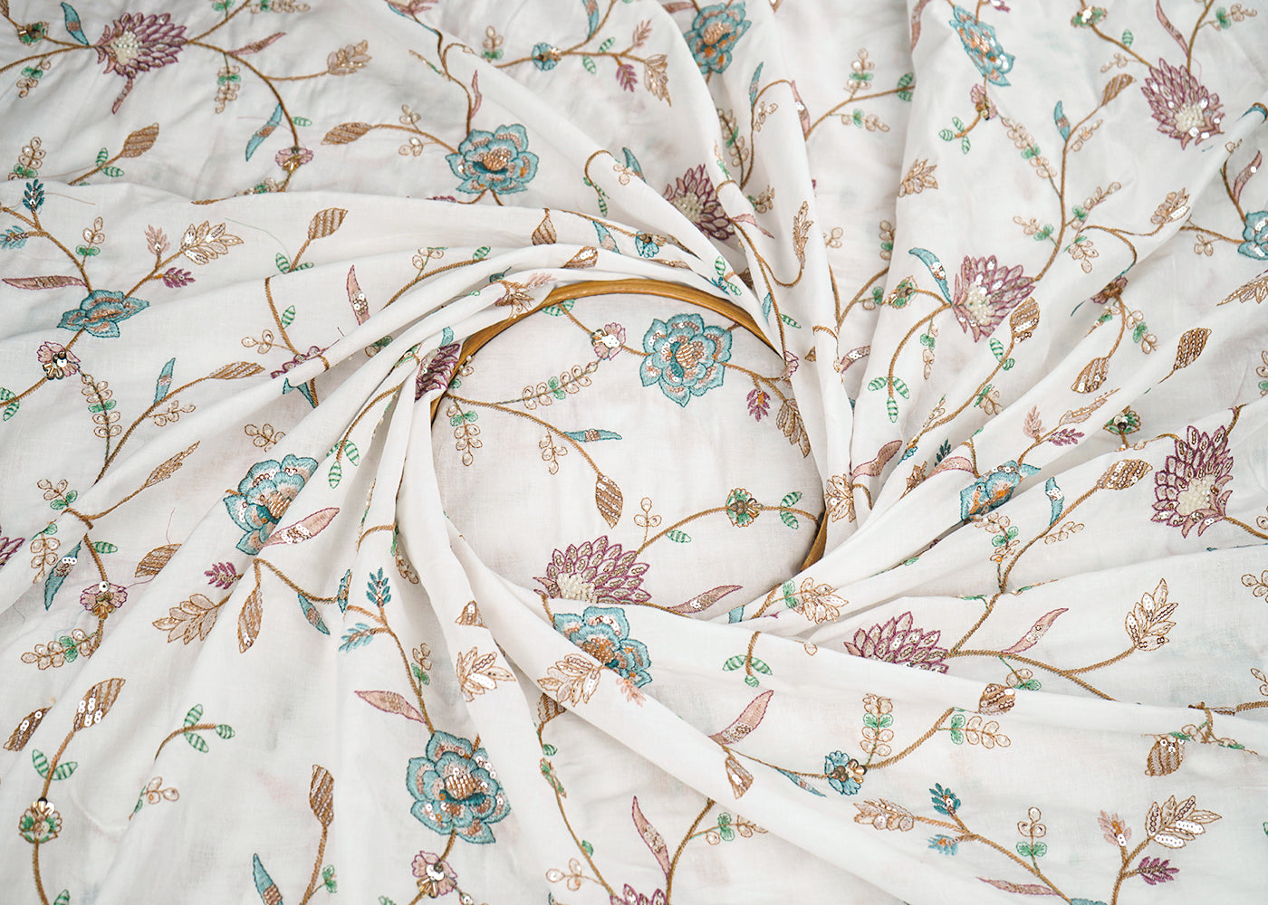 White Dyeable Cotton Fabric With All Over Floral Sequins, Katdana And Thread Work 22784