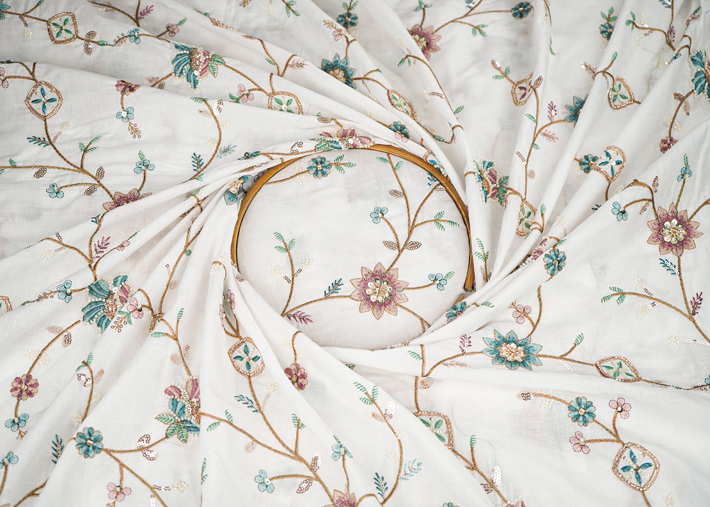 White Dyeable Cotton Fabric With All Over Floral Sequins, Katdana And Thread Work 22785