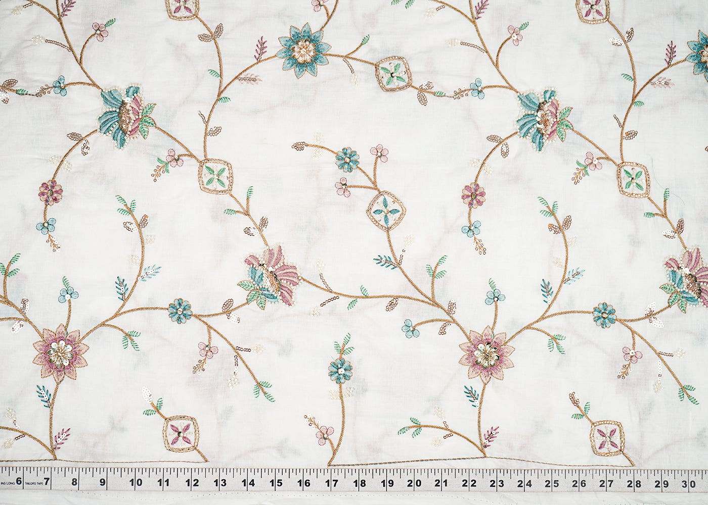 White Dyeable Cotton Fabric With All Over Floral Sequins, Katdana And Thread Work 22785