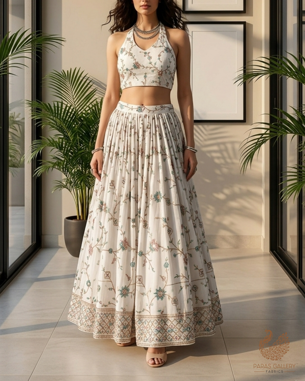 White Dyeable Cotton Fabric With All Over Floral Sequins, Katdana And Thread Work 22785