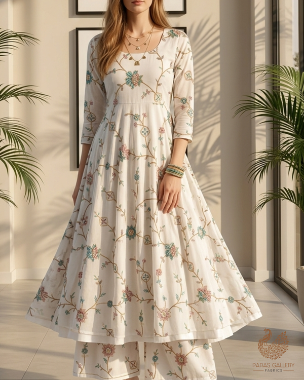 White Dyeable Cotton Fabric With All Over Floral Sequins, Katdana And Thread Work 22785