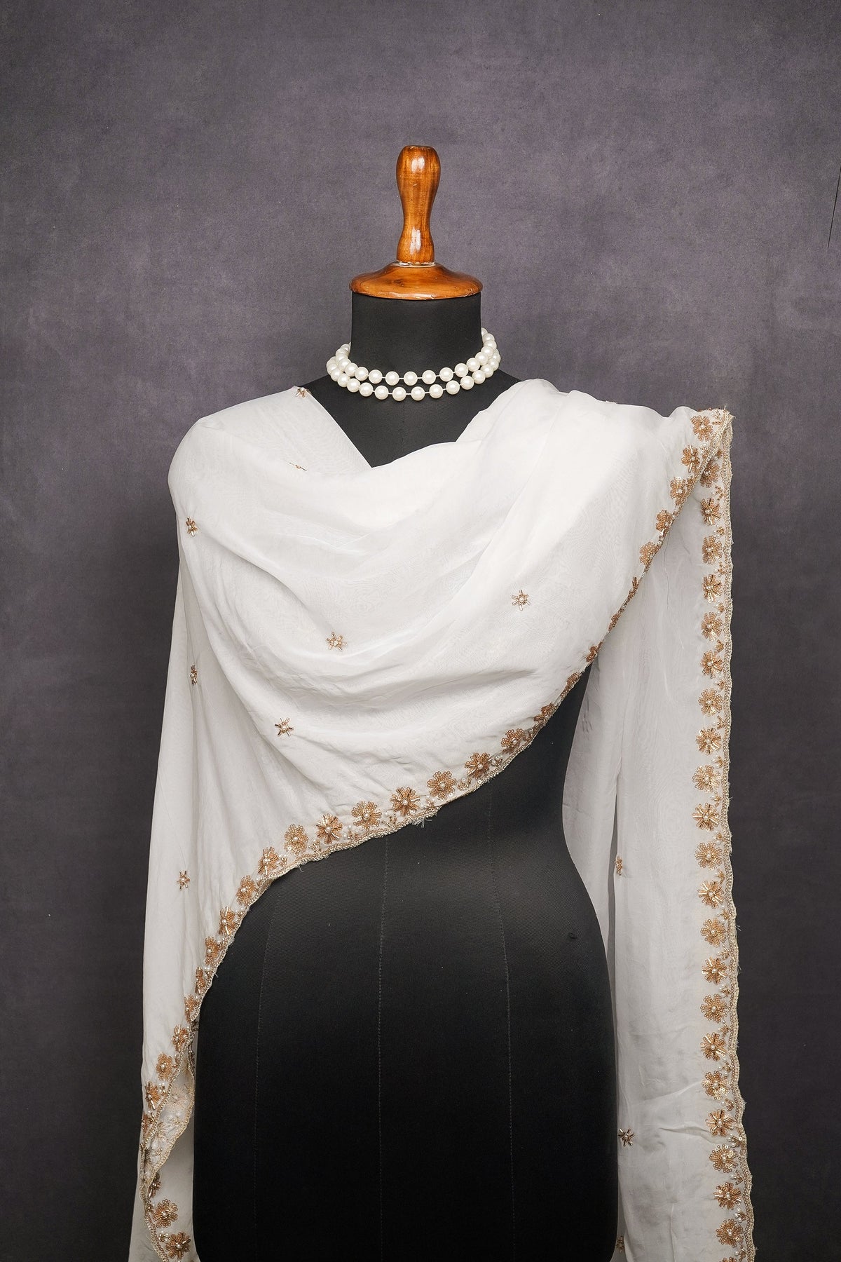 White Dyeable Organza Dupatta All Over Sequins, Katdana And Bead Work 22787