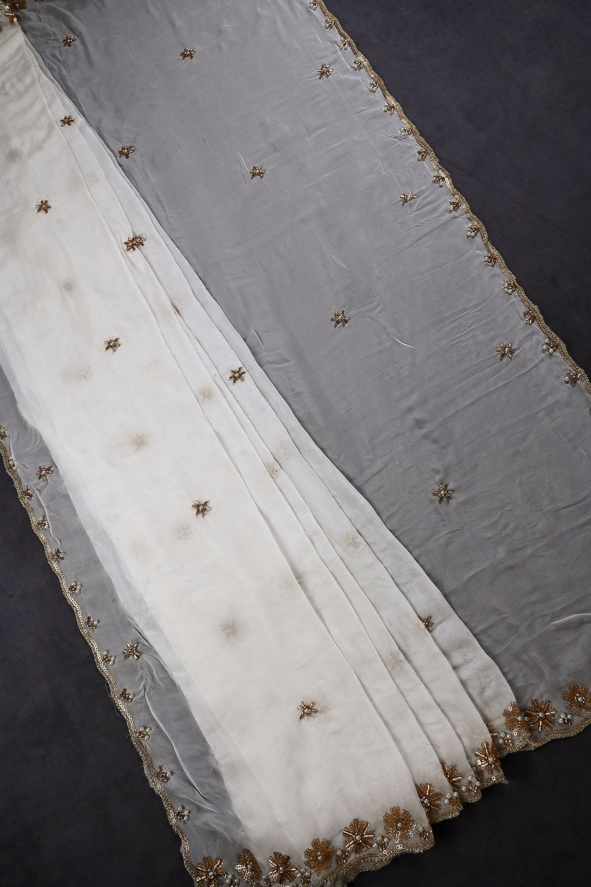 White Dyeable Organza Dupatta All Over Sequins, Katdana And Bead Work 22787