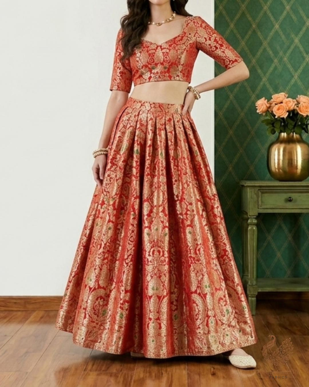 Red Banarasi Brocade Fabric With All Over Golden Zari Handloom 22794
