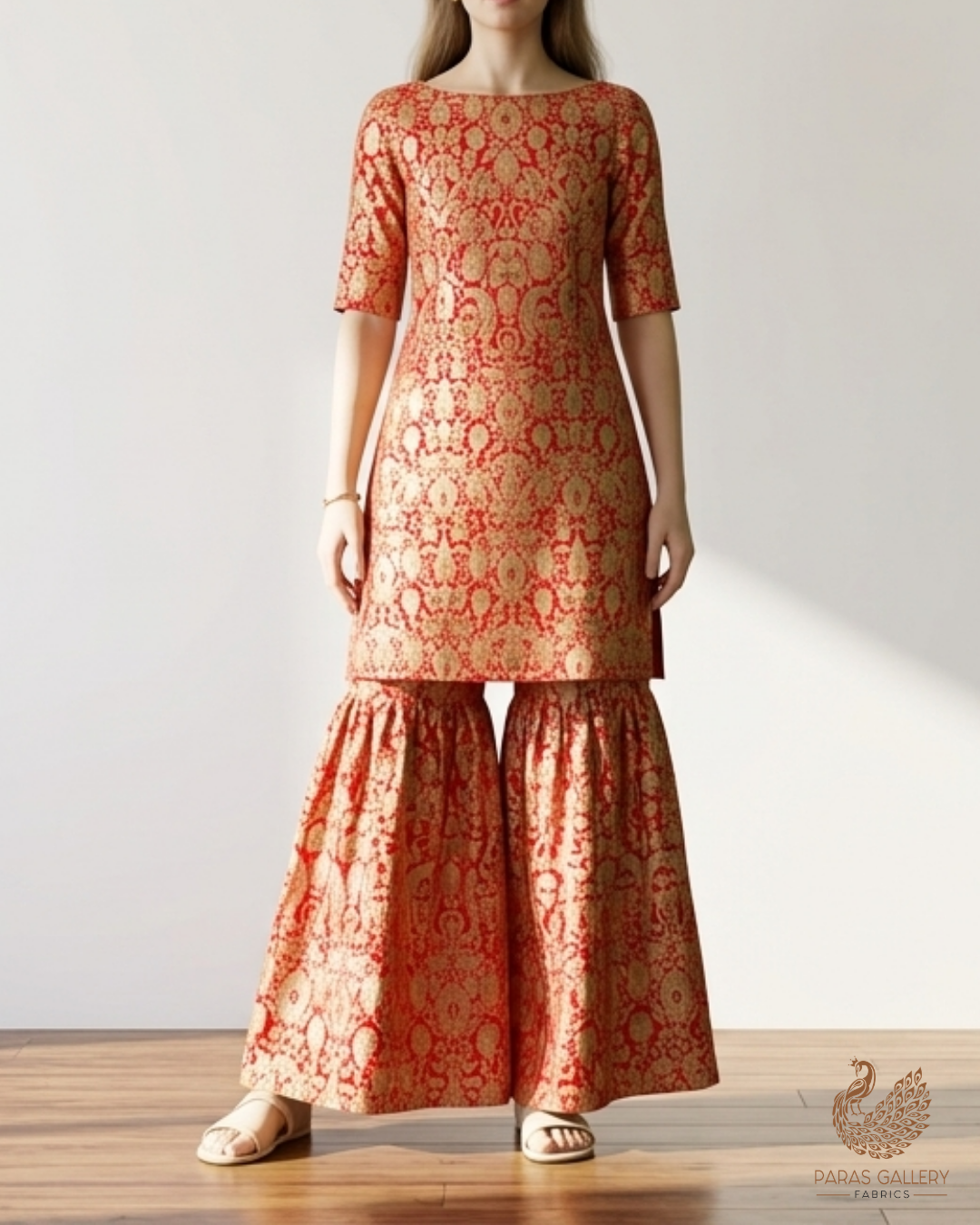 Red Banarasi Brocade Fabric With All Over Golden Zari Handloom 22794