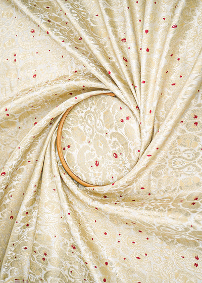 Off White Banarasi Brocade Fabric With All Over Golden Zari Handloom 22795
