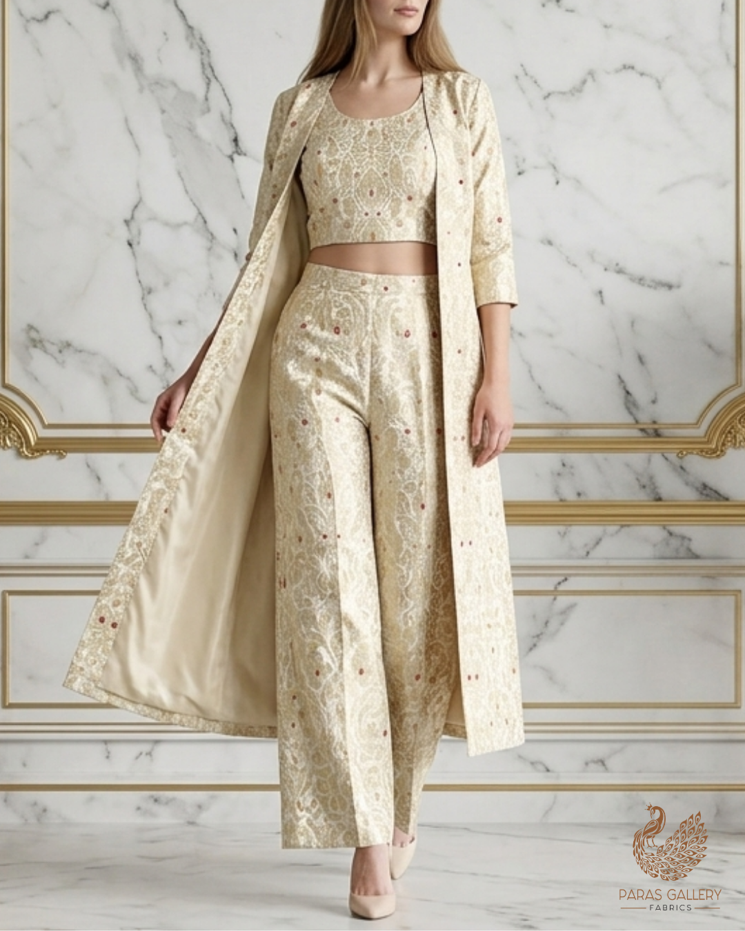Off White Banarasi Brocade Fabric With All Over Golden Zari Handloom 22795
