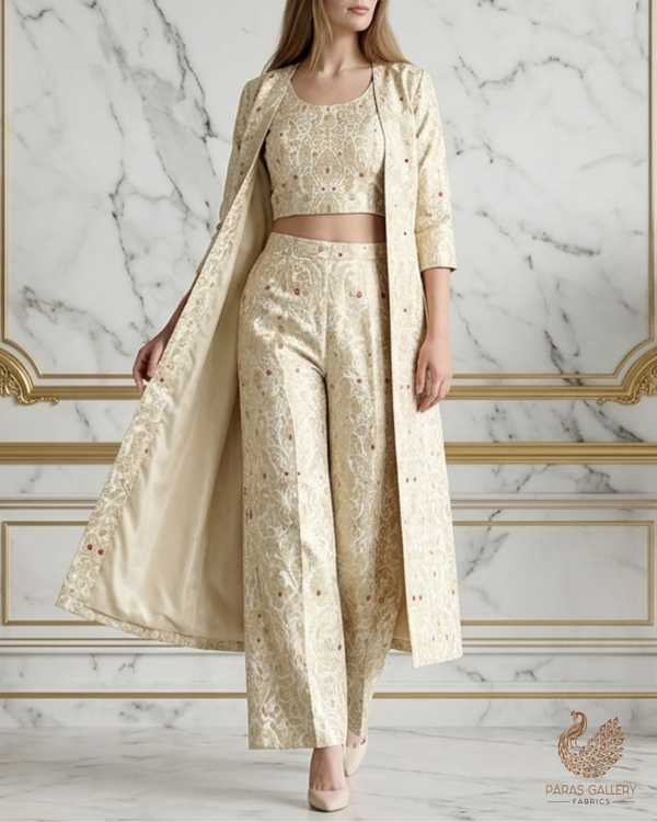 Off White Banarasi Brocade Fabric With All Over Golden Zari Handloom 22795