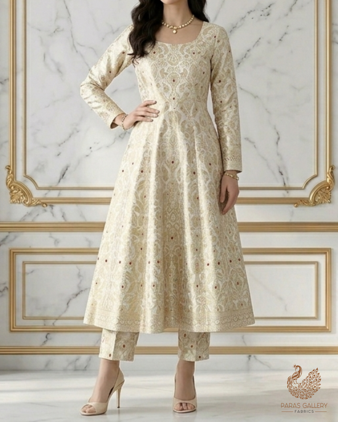 Off White Banarasi Brocade Fabric With All Over Golden Zari Handloom 22795