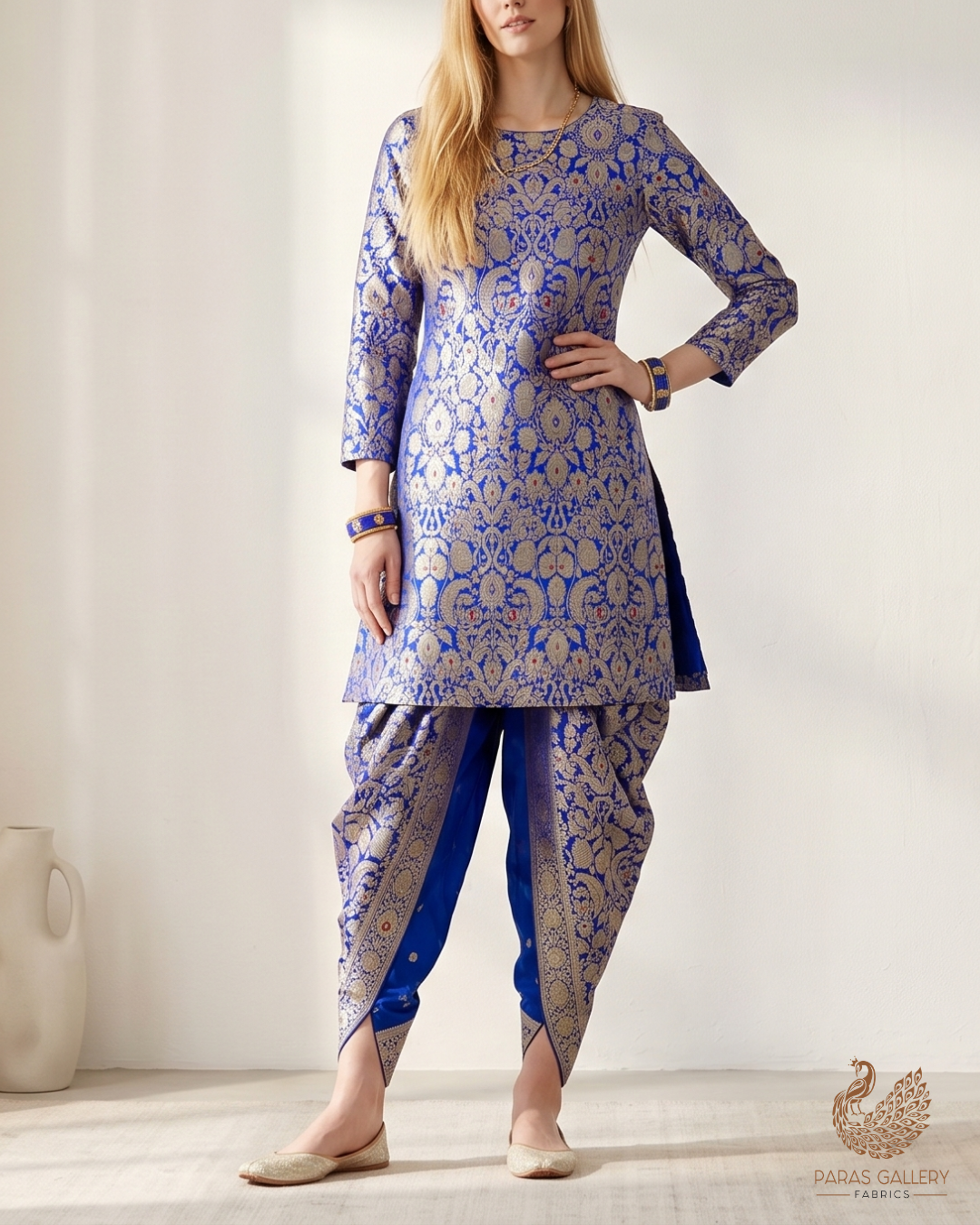 Royal Blue Banarasi Brocade Fabric With All Over Golden Zari Handloom 22797