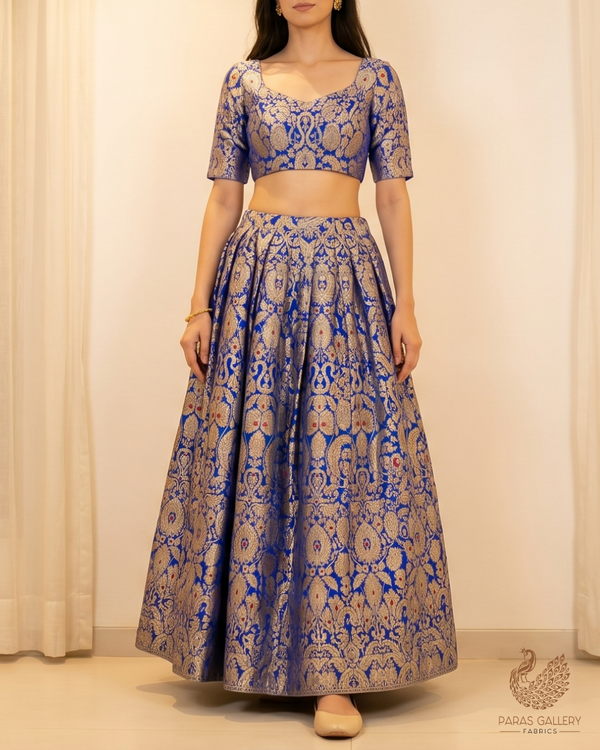 Royal Blue Banarasi Brocade Fabric With All Over Golden Zari Handloom 22797