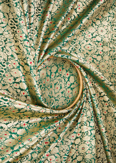 Bottle Green Banarasi Brocade Fabric With All Over Golden Zari Handloom 22799