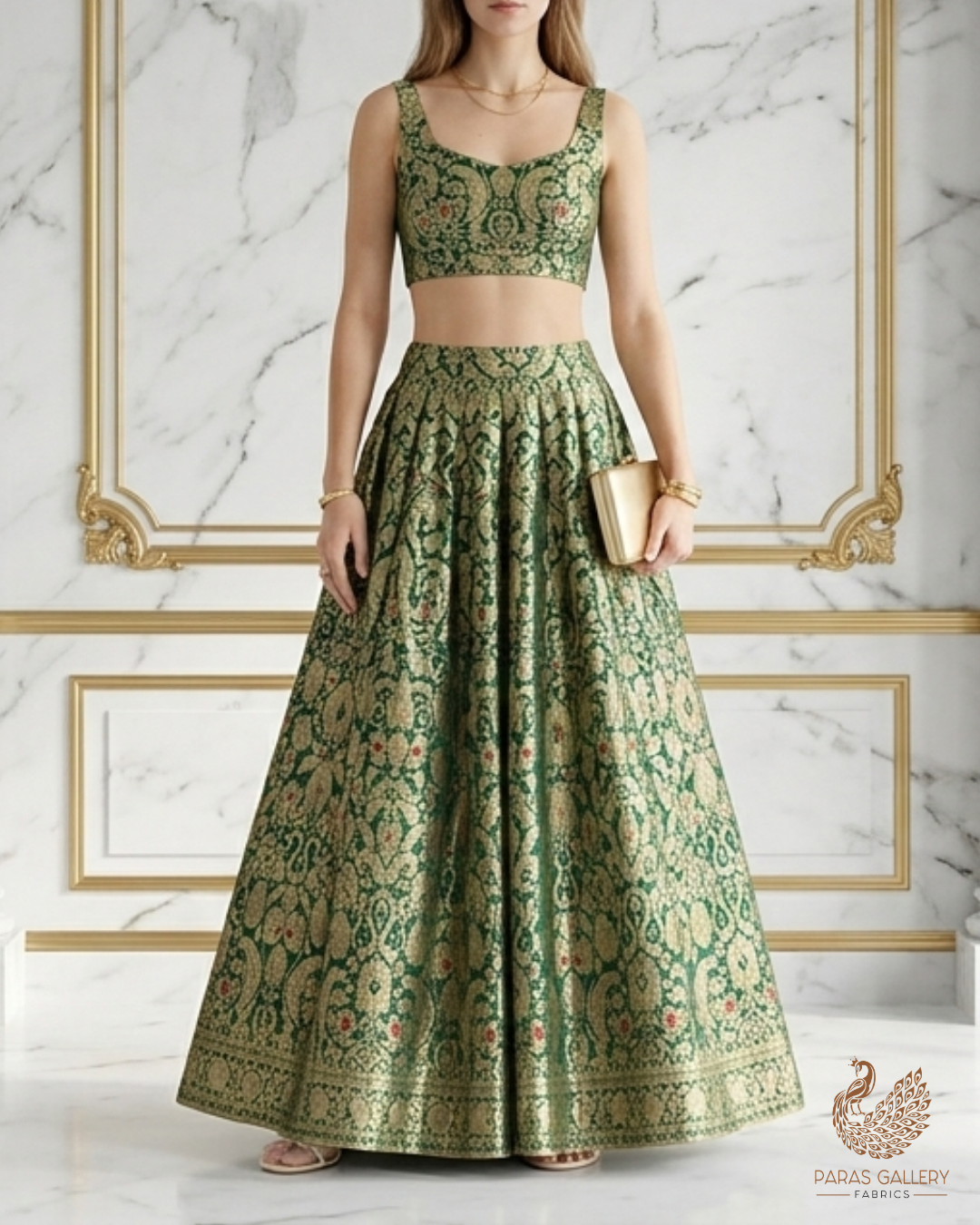 Bottle Green Banarasi Brocade Fabric With All Over Golden Zari Handloom 22799