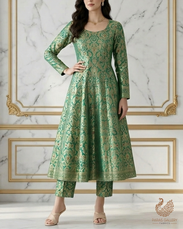 Bottle Green Banarasi Brocade Fabric With All Over Golden Zari Handloom 22799