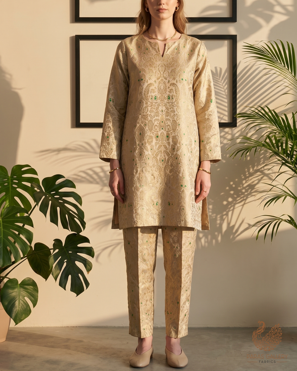 Beige Banarasi Brocade Fabric With All Over Golden Zari Handloom 22800