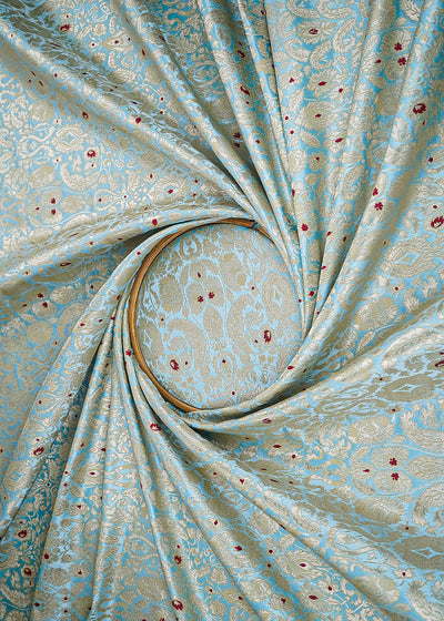 Powder Blue Banarasi Brocade Fabric With All Over Golden Zari Handloom 22802