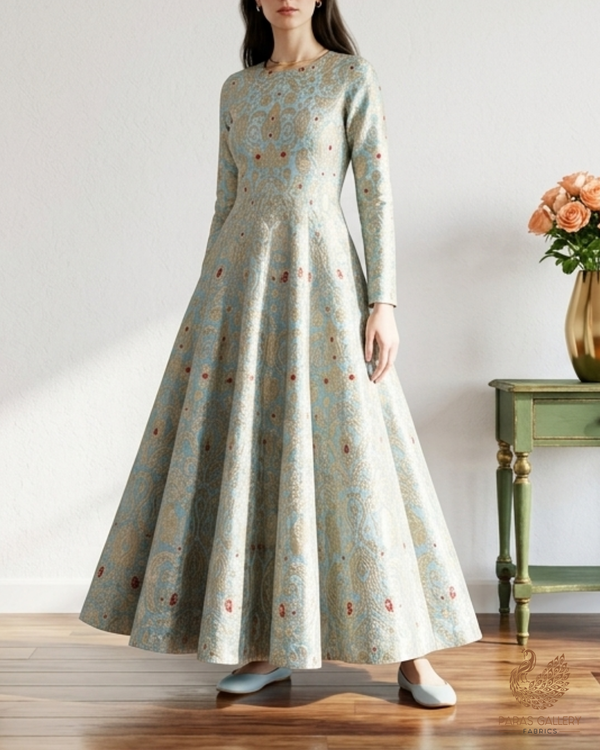 Powder Blue Banarasi Brocade Fabric With All Over Golden Zari Handloom 22802