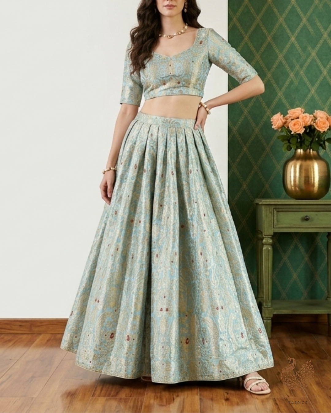 Powder Blue Banarasi Brocade Fabric With All Over Golden Zari Handloom 22802