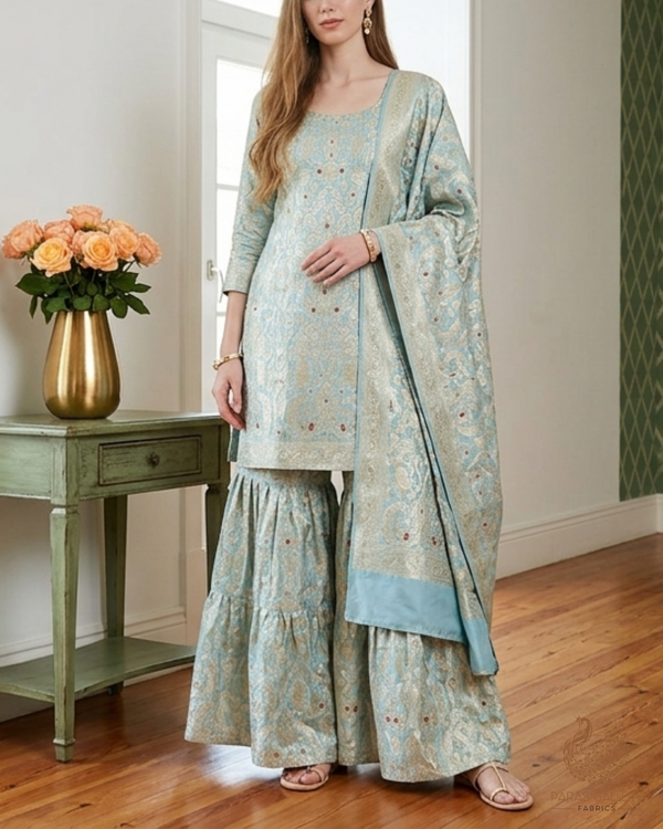 Powder Blue Banarasi Brocade Fabric With All Over Golden Zari Handloom 22802