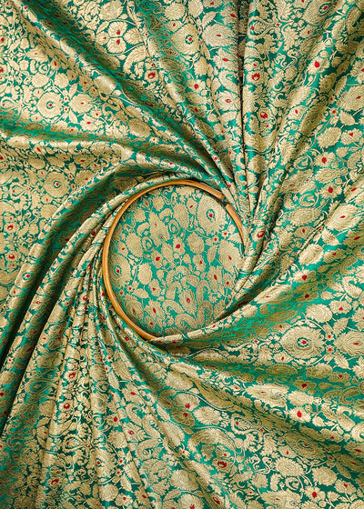 Teal Green Banarasi Brocade Fabric With All Over Golden Zari Handloom 22803