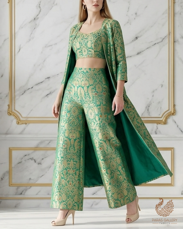Teal Green Banarasi Brocade Fabric With All Over Golden Zari Handloom 22803