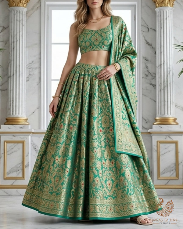 Teal Green Banarasi Brocade Fabric With All Over Golden Zari Handloom 22803