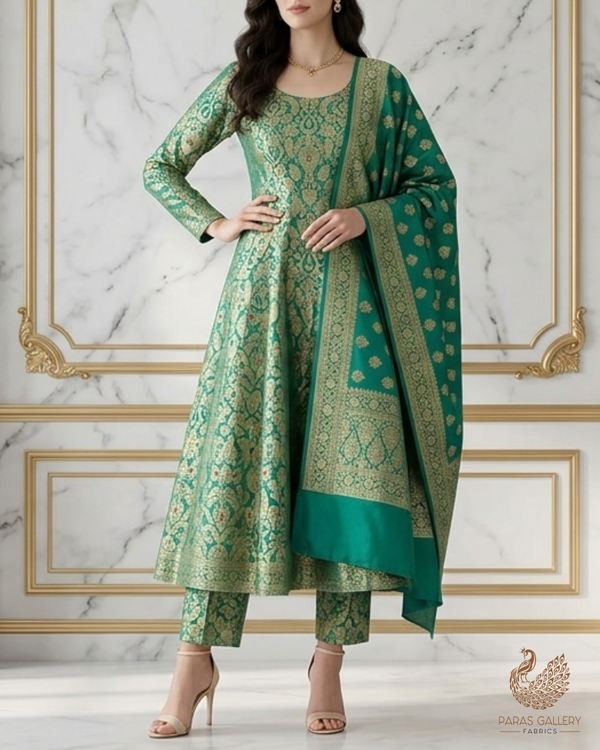 Teal Green Banarasi Brocade Fabric With All Over Golden Zari Handloom 22803