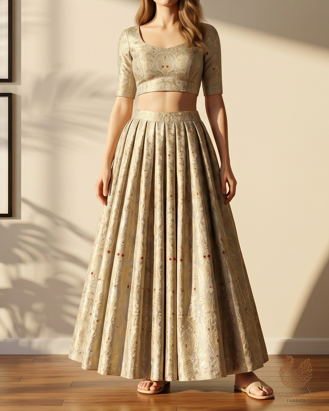 Light Grey Banarasi Brocade Fabric With All Over Golden Zari Handloom 22804