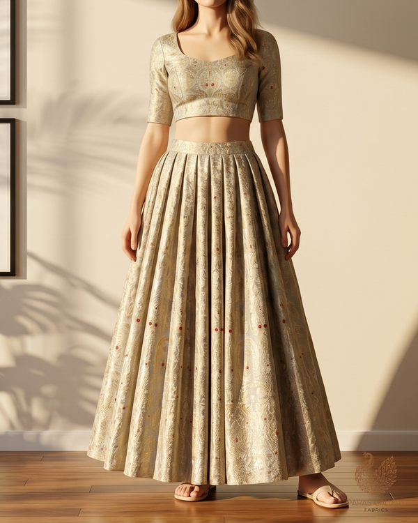 Light Grey Banarasi Brocade Fabric With All Over Golden Zari Handloom 22804