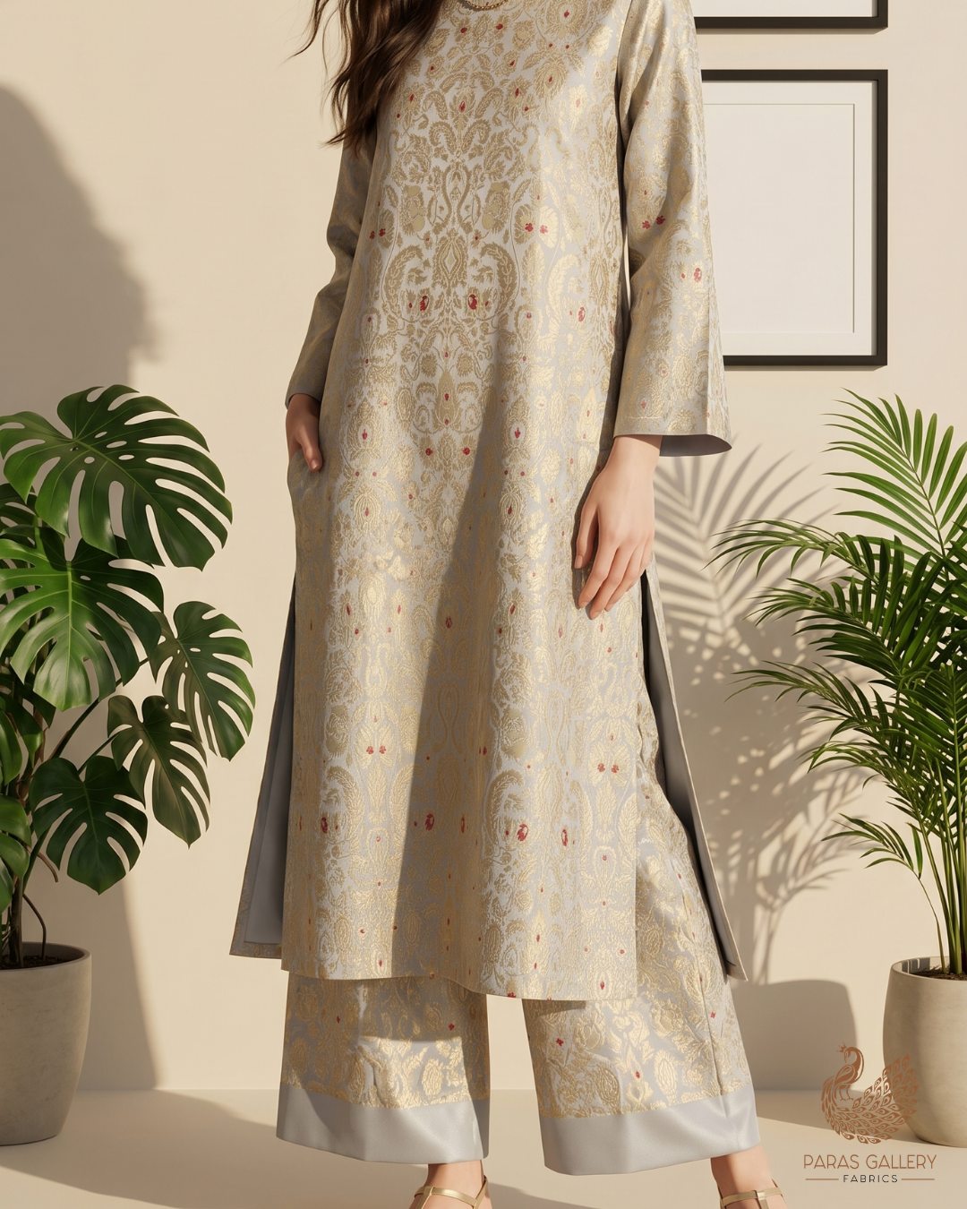 Light Grey Banarasi Brocade Fabric With All Over Golden Zari Handloom 22804