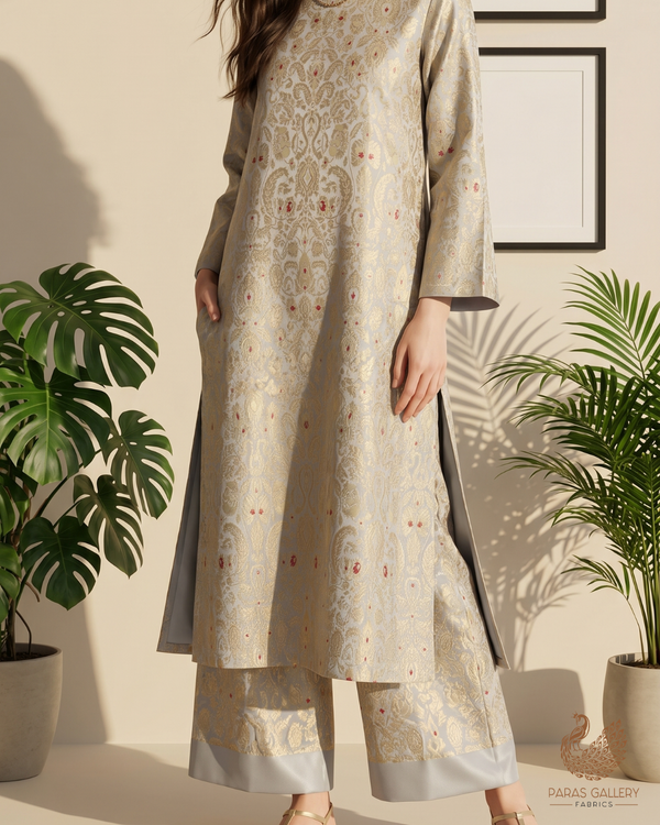 Light Grey Banarasi Brocade Fabric With All Over Golden Zari Handloom 22804
