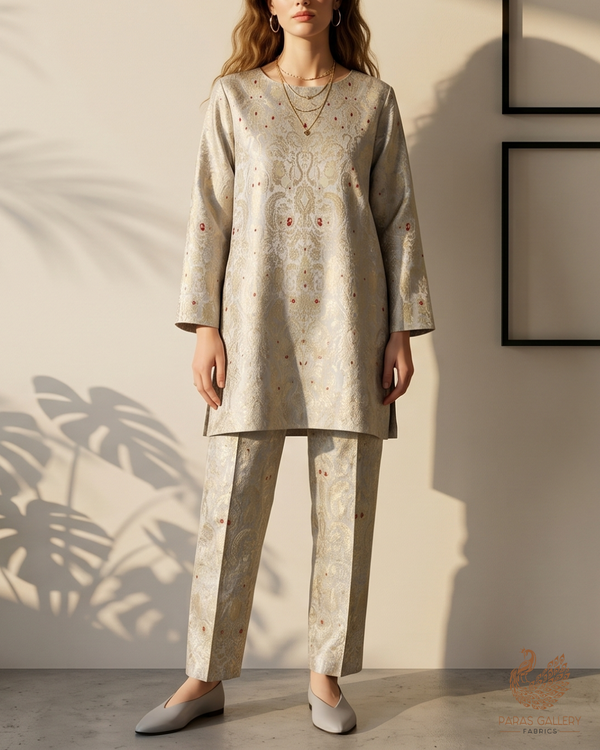 Light Grey Banarasi Brocade Fabric With All Over Golden Zari Handloom 22804
