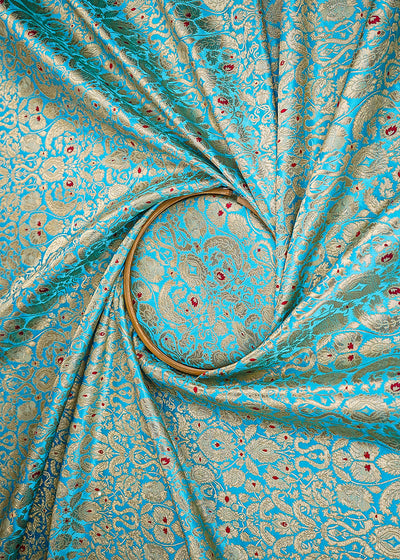 Sky Blue Banarasi Brocade Fabric With All Over Golden Zari Handloom 22805