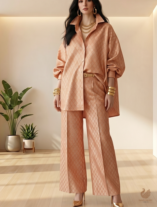 Peach Banarasi Brocade Fabric With All Over Zari Handloom 22807