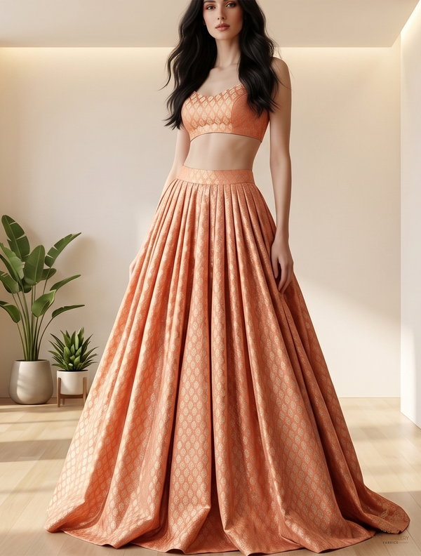 Peach Banarasi Brocade Fabric With All Over Zari Handloom 22807