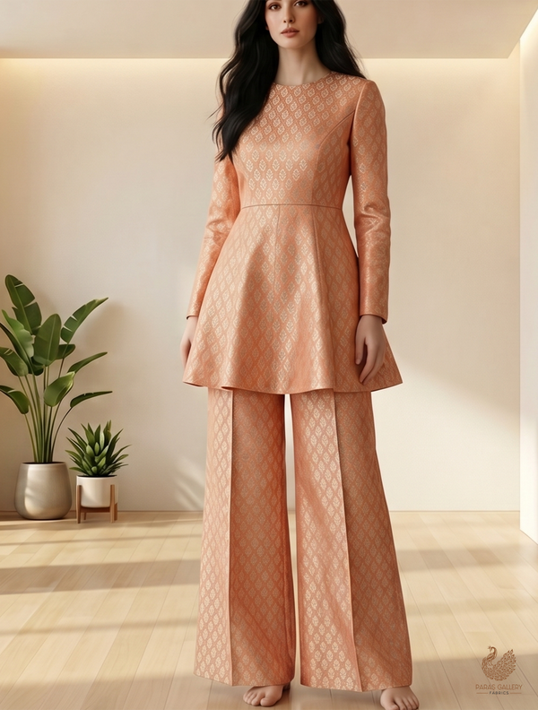 Peach Banarasi Brocade Fabric With All Over Zari Handloom 22807