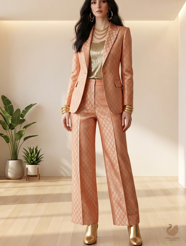 Peach Banarasi Brocade Fabric With All Over Zari Handloom 22807