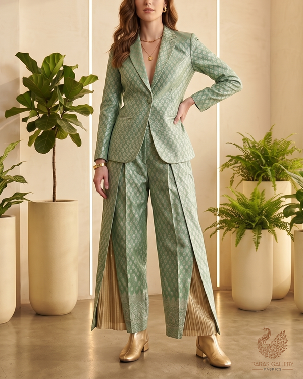 Pista Green Banarasi Brocade Fabric With All Over Zari Handloom 22808