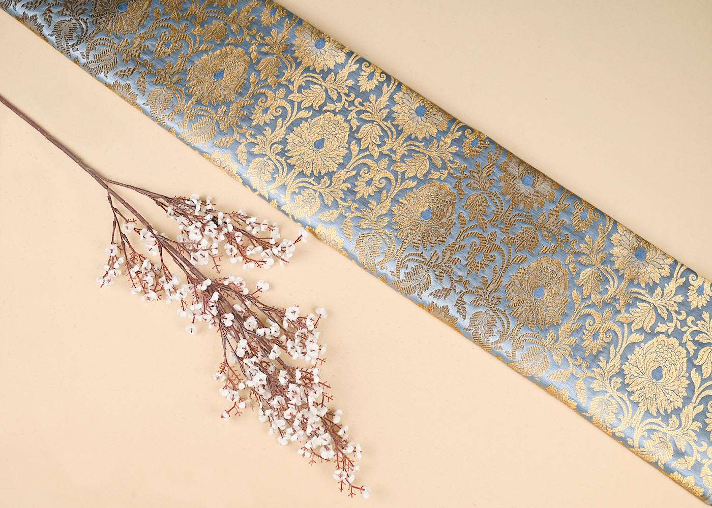Grey Banarasi Brocade Fabric With All Over Golden Zari Handloom 22812