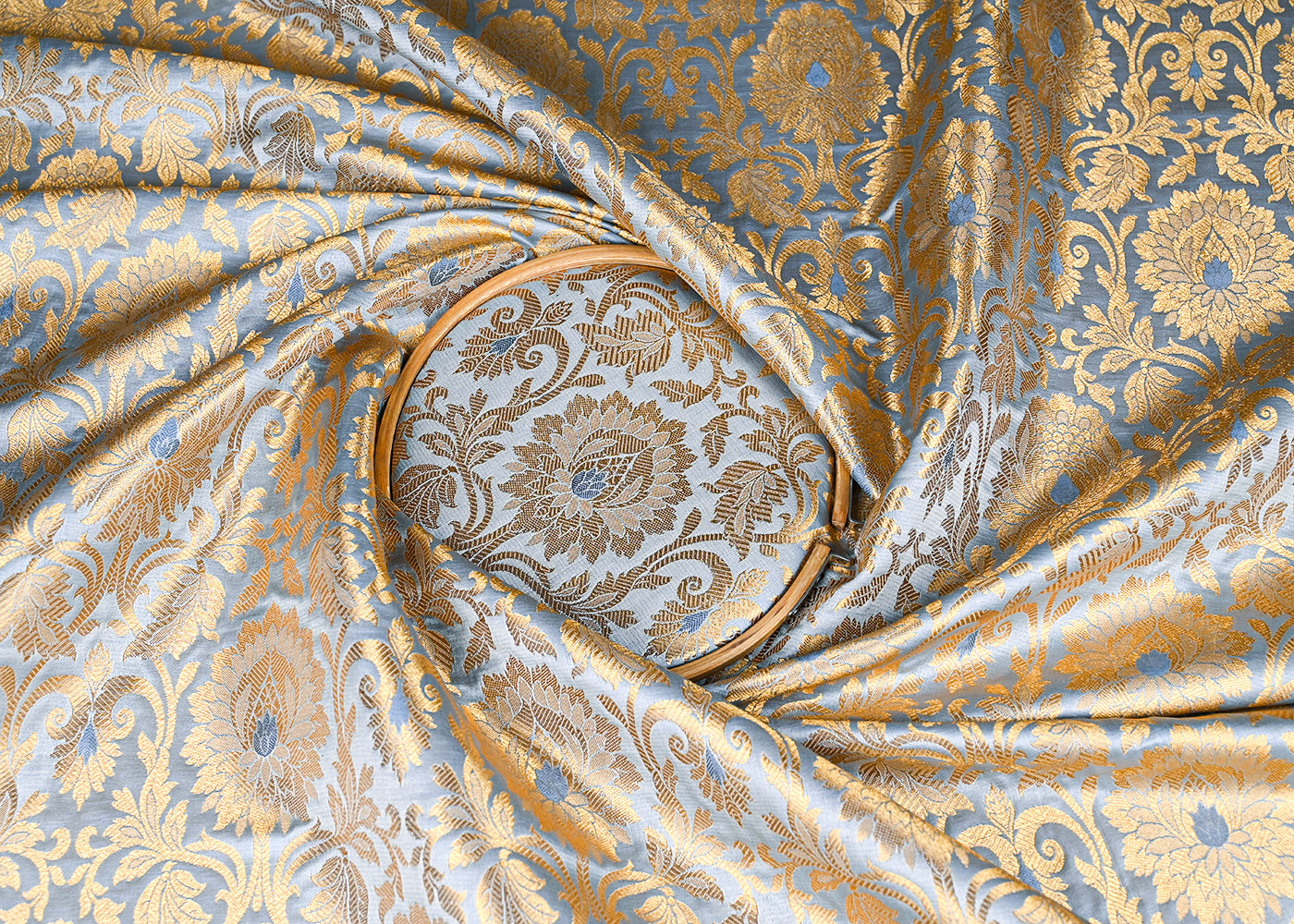 Grey Banarasi Brocade Fabric With All Over Golden Zari Handloom 22812