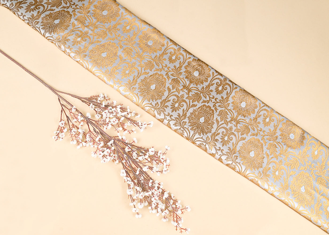 Off White Banarasi Brocade Fabric With All Over Golden Zari Handloom 22813