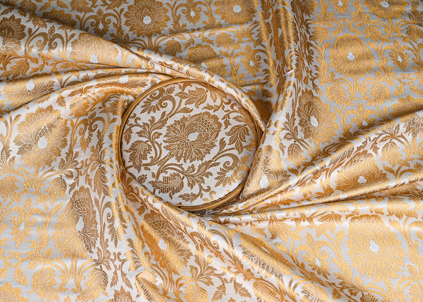 Off White Banarasi Brocade Fabric With All Over Golden Zari Handloom 22813