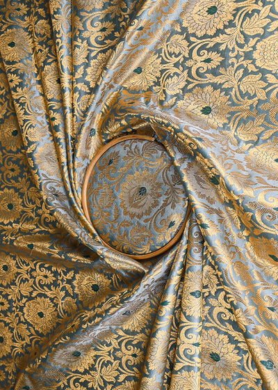 Aqua Grey Banarasi Brocade Fabric With All Over Golden Zari Handloom 22815