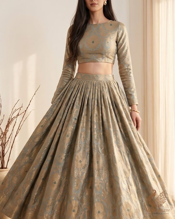 Aqua Grey Banarasi Brocade Fabric With All Over Golden Zari Handloom 22815